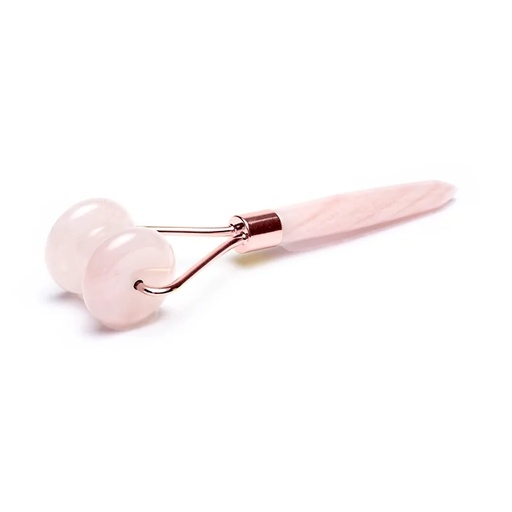 [8720512972122] Rouleau de massage visage en Quartz rose + métal couleur or | ±15cm; 108gr