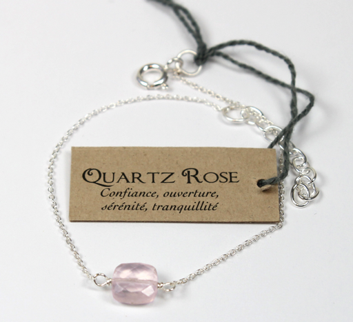 [3660341303658] Bracelet coussin de Quartz Rose 7 mm - Argent 925