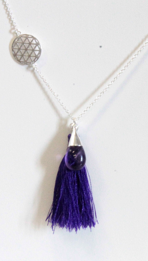 [3660341617311] Collier Goutte Améthyste Fleur de Vie et Pompon - Argent 925