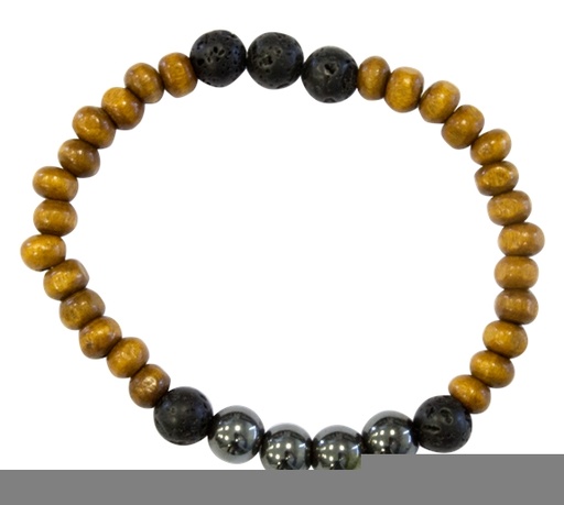 [3660341626665] Bracelet H Bois, Hématite et Pierre de lave Perles rondes 8 mm