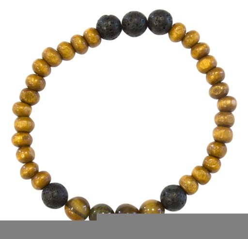 [3660341626672] Bracelet H Bois, Oeil de Tigre et Pierre de lave Perles rondes 8 mm