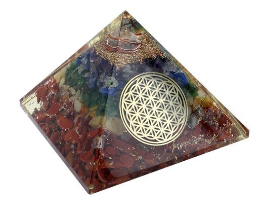 [3660341629888] Pyramide Orgonite 7 Chakras avec symbole Fleur de Vie Métal Doré