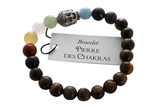[3660341634714] Bracelet 7 Chakras Oeil de tigre Perles rondes 8 mm Bouddha