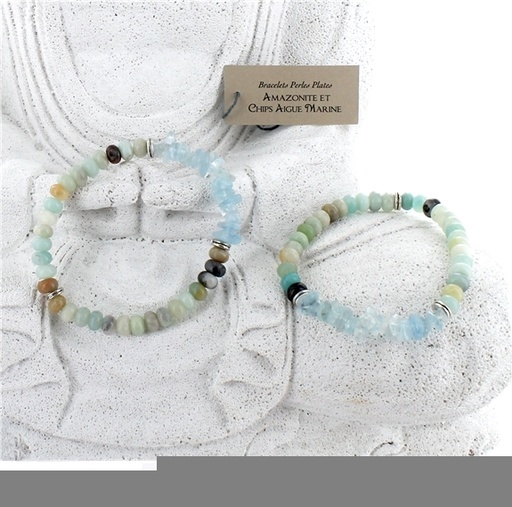 [3660341648889] Bracelet Amazonite Perles plates et Aigue-Marine Chips