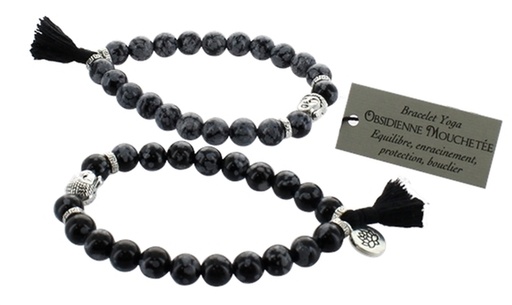 [3660341651605] Bracelet Obsidienne Mouchetée Perles rondes 8 mm Pompon et Lotus