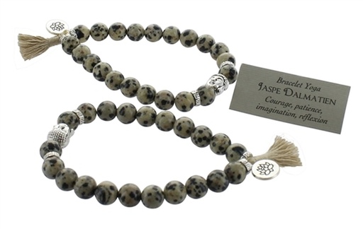 [3660341651612] Bracelet Jaspe Dalmatien Perles rondes 8 mm Pompon et Lotus