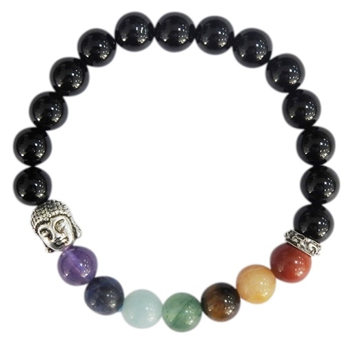 [3660341679852] Bracelet 7 Chakras Onyx noir Perles rondes 8 mm Bouddha