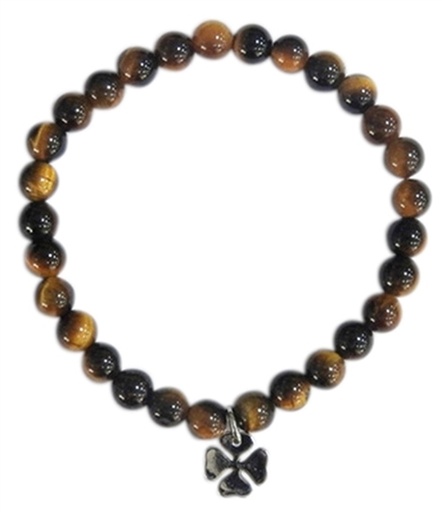 [3660341679975] Bracelet Oeil de tigre Perles rondes 6 mm Breloque trèfle