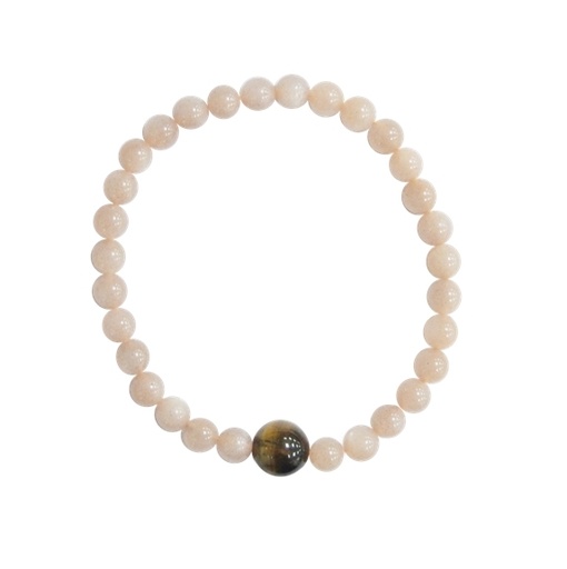 [3660341680056] Bracelet Pierre de lune Perles rondes 6 mm et Perle unique Oeil de tigre 1 cm