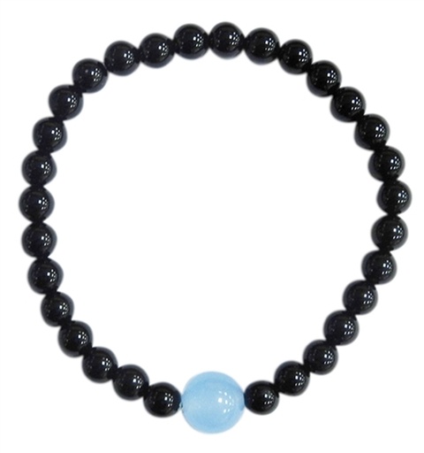 [3660341680063] Bracelet Onyx noir Perles rondes 6 mm et Perle unique Calcédoine Bleue 1 cm