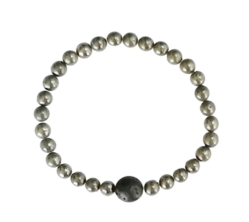 [3660341680070] Bracelet Pyrite Perles rondes 6 mm et Perle unique Lave 1 cm