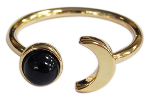 [3660341680391] Bague Onyx Noir Perle 6 mm et Lune Métal doré Ajustable