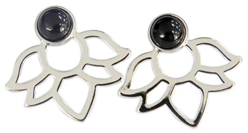 [3660341680483] Boucles d'oreilles Onyx Noir Perle et Lotus Métal argenté