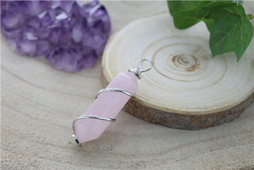 [3660341687079] Pendentif en Quartz Rose Pointe Biterminée et Spirale en Métal Argenté